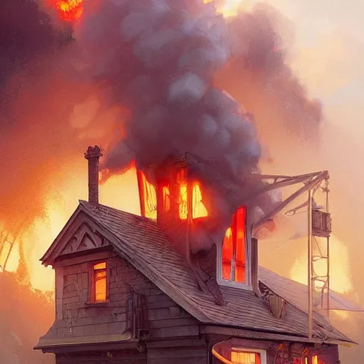 Image similar to ultra realistic illustration, a house on fire, highly detailed, digital painting, artstation, concept art, smooth, sharp focus, illustration, art by artgerm and greg rutkowski and alphonse mucha