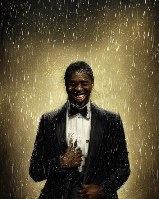 Image similar to a highly detailed portrait of black man smiling in the rain in a back tuxedo, intricate, digital painting, old english, raining, sepia, particles floating, whimsical background by marc simonetti, artwork by liam wong