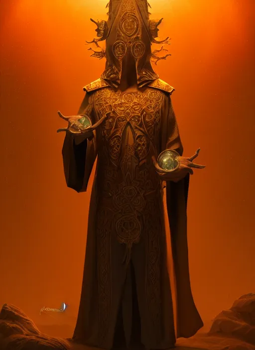 Prompt: slender high priest in a dark ornate robe, headpiece of molten salt, subsurface scattering, by alex konstad and tomasz alen kopera, cgsociety highly detailed, rim light, cinematic lighting, illustration, art, octane render, very coherent, cinematic, high detail, octane render, 8 k