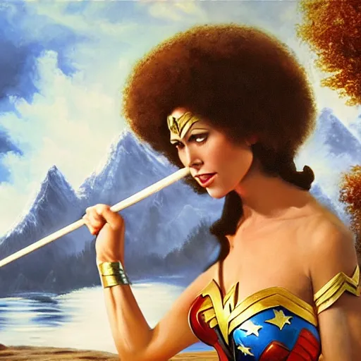 Image similar to a closeup photorealistic photograph of bob ross working on a canvas painting of wonder woman. film still. brightly lit scene. mountains and trees. this 4 k hd image is trending on artstation, featured on behance, well - rendered, extra crisp, features intricate detail, epic composition and the style of unreal engine.