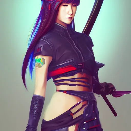 Image similar to Young cyberpunk samurai lady holding a sword, digital painting, anime style, Artstation, by Artgerm