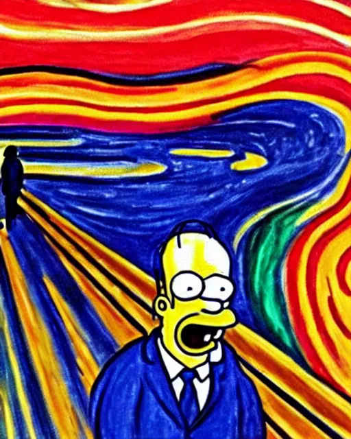 Image similar to a painting of homer simpson screaming in the scream by edvard munch