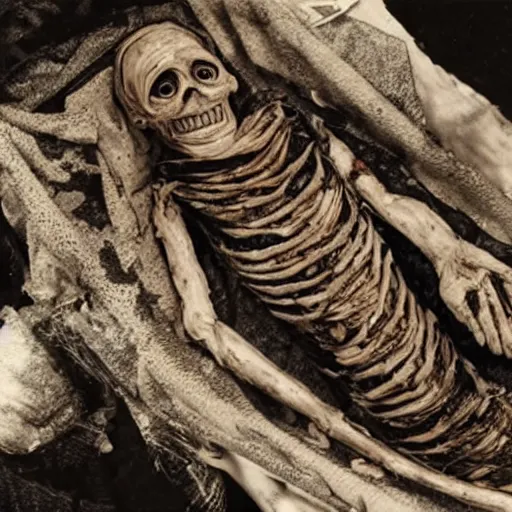 Image similar to photograph of a disgusting decomposing minion mummy lying in its sarcophagus, highly detailed