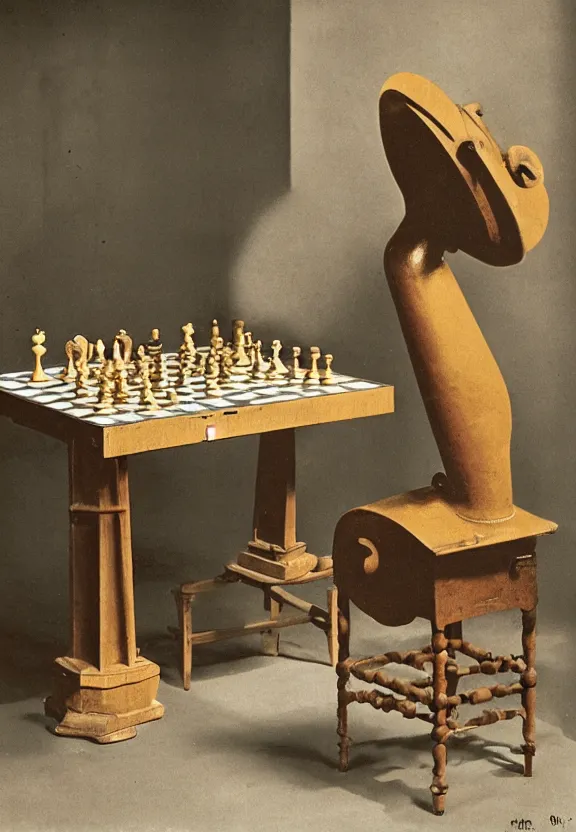 Prompt: a chess machine sitting on a table, a surrealist sculpture by marcel duchamp, archival pigment print, 1 9 1 4, conceptual art, artwork, academic art, surrealist