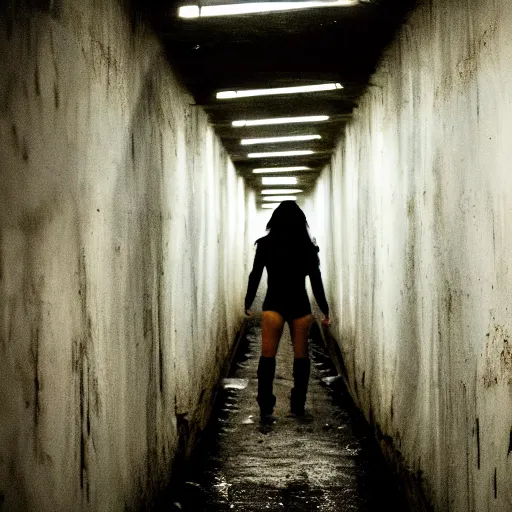 Prompt: woman explores sterile tunnels, fear and dark misery, future, cinematic