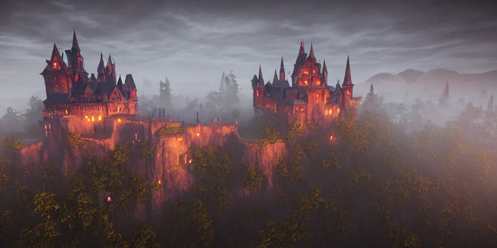 Prompt: a highly detailed photo of a vampire castle surrounded by a mist shot during twilight on 3 0 mm film painted by alena aenami, rendered in unreal engine