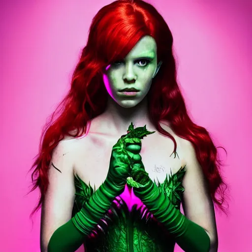 Prompt: millie bobby brown as poison ivy, dc, movie, photography, portrait, beautiful,