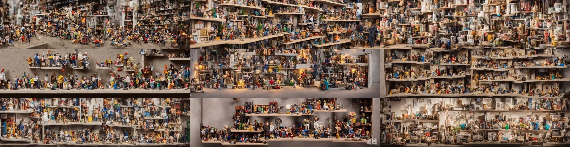 Prompt: photo still of shelf with a miniature street with a crowd!, lateral view, 8 k, studio lighting bright ambient lighting key light, 8 5 mm f 1. 8