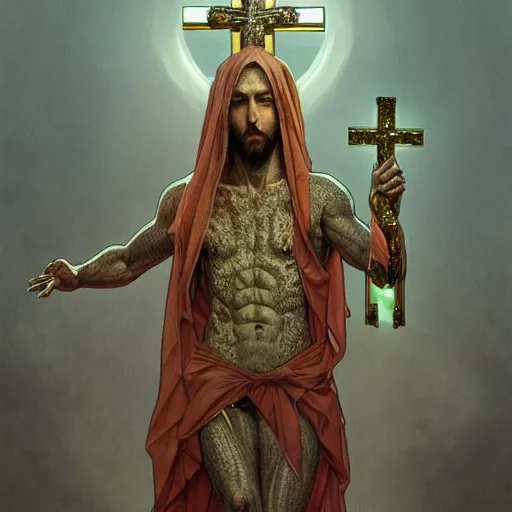 Image similar to fullbody!! christ as a scaly cold blooded reptilian lizard holding a holy cross in his claws, intricate, elegant, highly detailed, digital painting, artstation, concept art, smooth, sharp focus, illustration, art by artgerm and greg rutkowski and alphonse mucha