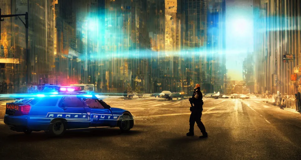 Image similar to as a painting, man getting arrested by police, police car in background with bright police sirens, lens glare, dramatic lighting, cinematic, establishing shot, extremely high detail, photo - realistic, cinematic lighting