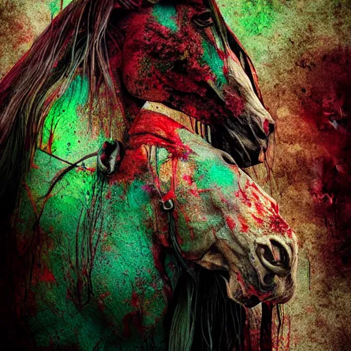 Prompt: wispy ink horror, neochrome colors, zombie horse, realistic render, photo pic by matte painting