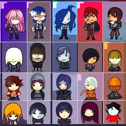 Prompt: mmorpg character select screen, neo-chibi characters with cyberpunk aesthetic