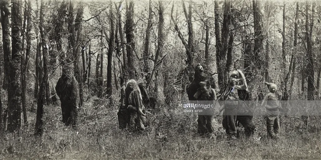 Image similar to family of bigfoots hiding behind trees in an ominous forest, 1 9 0 0 s photography