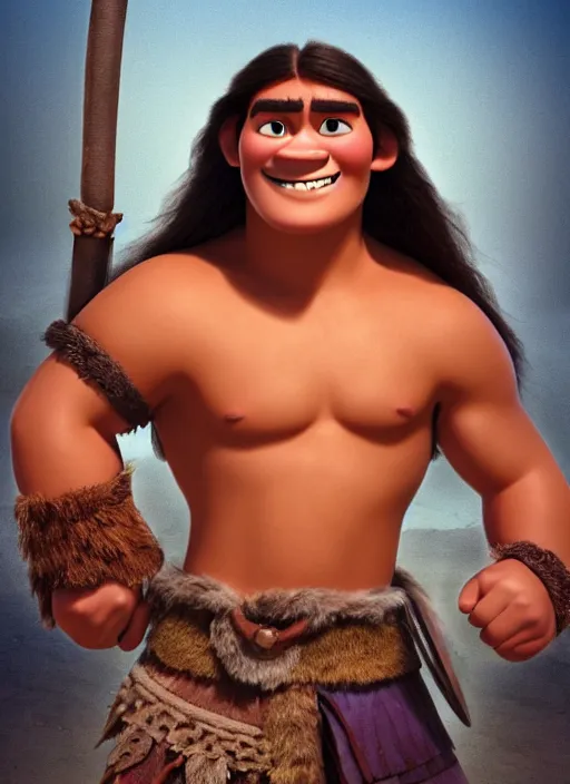 Prompt: portrait of teenage conan the barbarian, smiling arrogantly. desert background. digital art. animated feature. 3 d pixar and disney!! in the style of disney pixar, moana, brave, the good dinosaur.