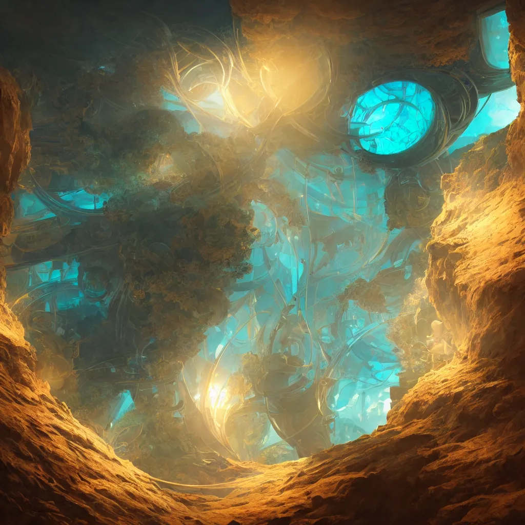 Prompt: within a flower the whole and finite capsule apparent with awe the apparition, an idea seep's into infinity highly detailed in volumetric void of latent space, golden turquoise steampunk, axonometric high contrast cinematic light, mystical shadows, sharp focus, divine realm of gods, octane render, artist by greg rutkowski,