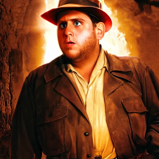 Image similar to Jonah Hill as indiana jones in raiders of the lost ark, 8k resolution, full HD, cinematic lighting, award winning, anatomically correct