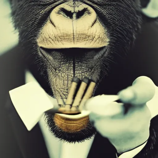 Image similar to a high detail photo of an antropomorphic chimp wearing a suit smoking a cigarrette, subject= chimp, subject detail: wearing a suit, subject action: smoking a cigarrette photorealism