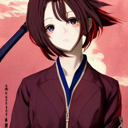 Prompt: portrait of a beautiful! alluring anime woman wearing a 2 0 3 0's stained dirty torn japanese school uniform, gorgeous face, leather bomber jacket, katana scabbard, bo staff, realistic, hyper detailed, dynamic action poses, concept art, jojo's bizarre adventure, in style of hirohiko araki, chiaroscuro, anime aesthetic