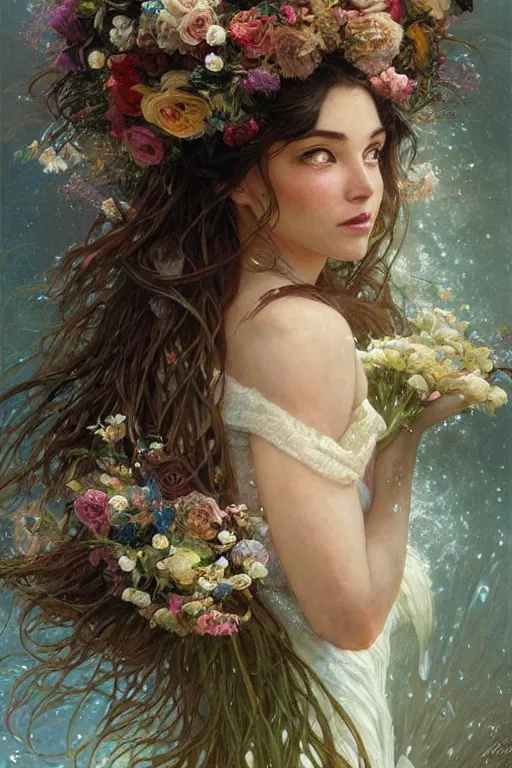 Image similar to portrait of a beautiful mysterious woman holding a large bouquet of flowing flowers, wet dripping long hair, hands disappeared under the bouquet, emerging from the water, fantasy, regal, intricate, by stanley artgerm lau, greg rutkowski, thomas kindkade, alphonse mucha, loish, norman rockwell