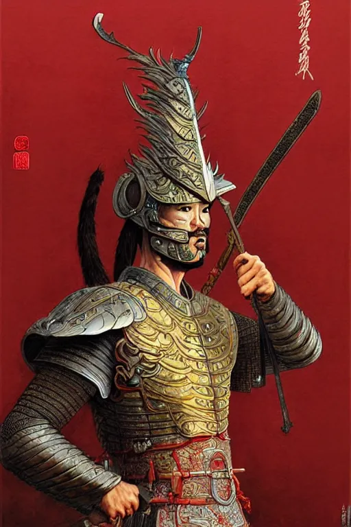 Image similar to warrior, tang dynasty, male, character design, painting by jean giraud, greg rutkowski, carl larsson, tom of finland