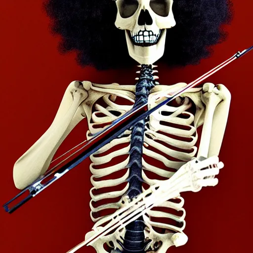 Image similar to portrait photograph, Realistic Skeleton wearing an afro wig and playing the violin