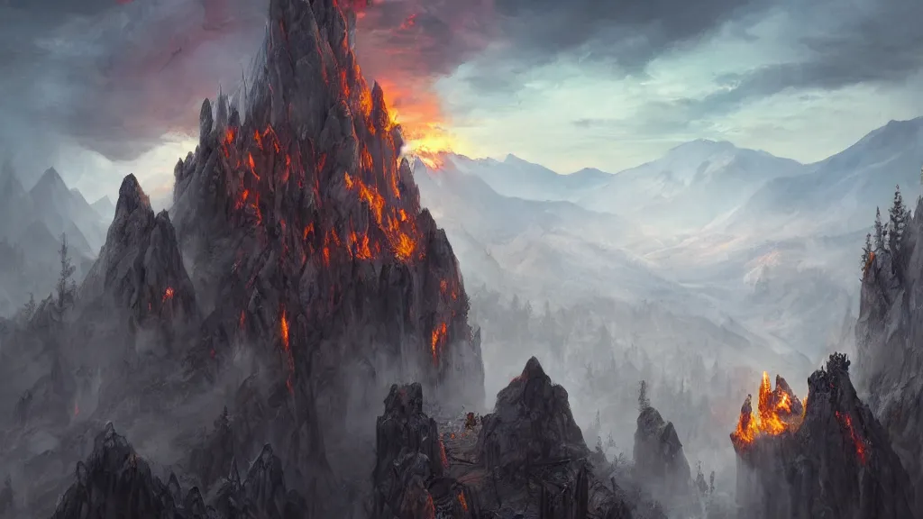 Image similar to evil wizard temple sitting on a cliff near snowy mountains with fire and smoke burining in the background by eugene von guerard, ivan shishkin, dramatic lighting, concept art, trending on artstation, 8 k