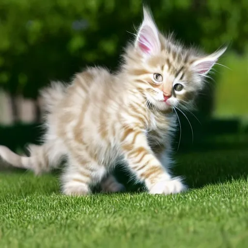 Prompt: a cream colored Maine Coon kitten playing, style of Peter Kitchell