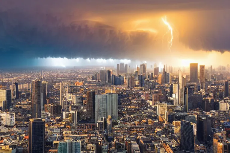Prompt: a photo of a supercell thunderstorm in a city, cityscape, skyscrapers, illuminated from various angles by the setting sun, cinematic