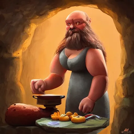 Image similar to “ a very strong and fat semi - human female with long arms and short legs, round head, big orange beard, medieval, preparing some food in a cave, fantasy digital art by tony sart, featured on artstation ”