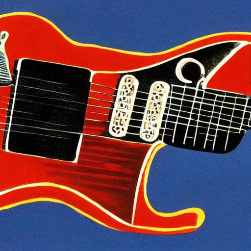 Image similar to a mid century electric guitar from the memphis school of design, concept art.