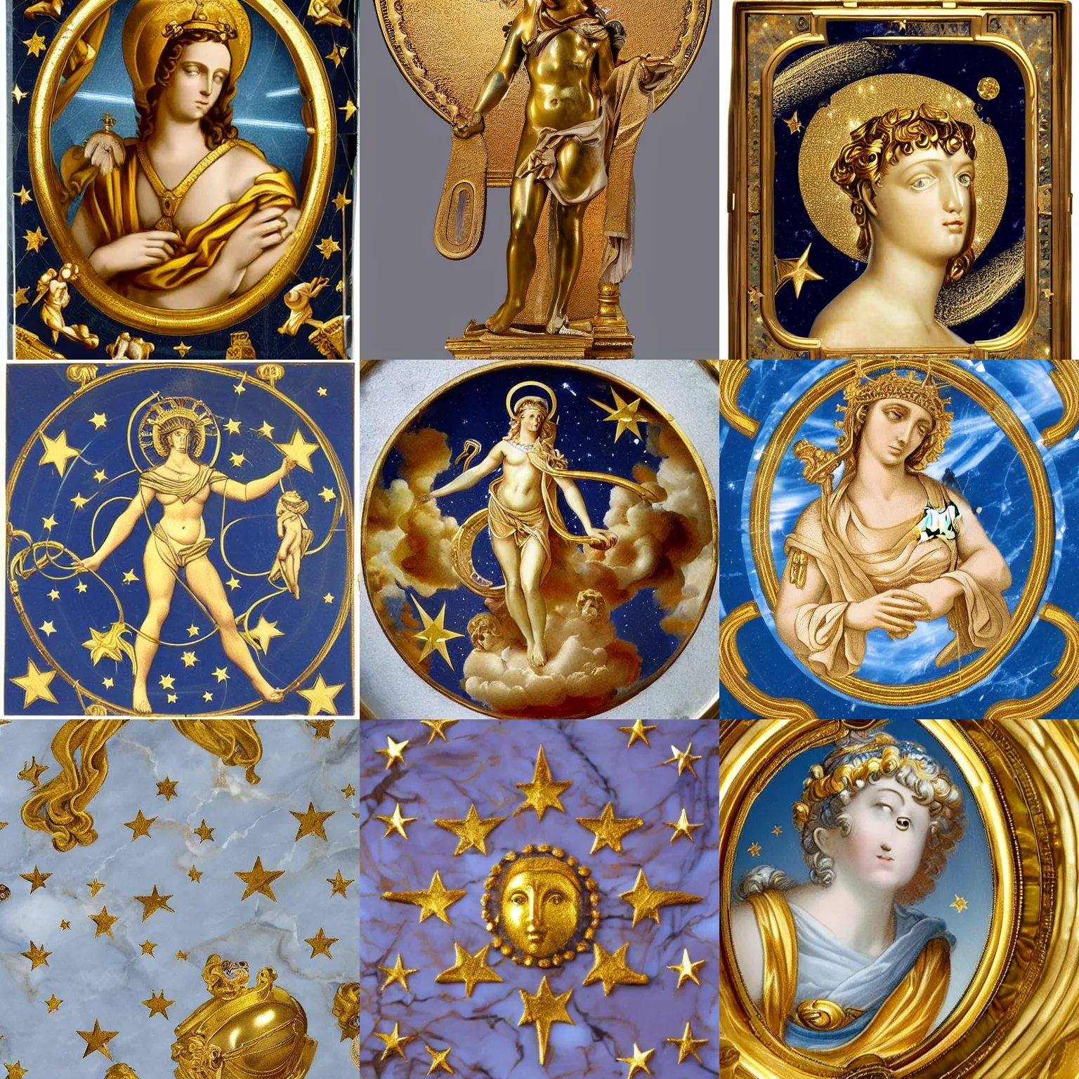 Image similar to saint Woman Venus Athena beautiful gracious baroque marble and gold in space sistina stars clouds