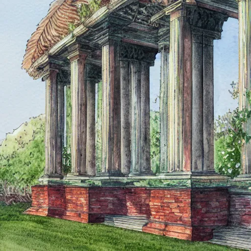 Prompt: delicate garden on paper floating puffy vines botanical herbarium botanic watercolors iridescent 8 k wide angle realistic shaded fine details, artstation italian rainbow colonnade oak pinecone gardena architecture pompeii