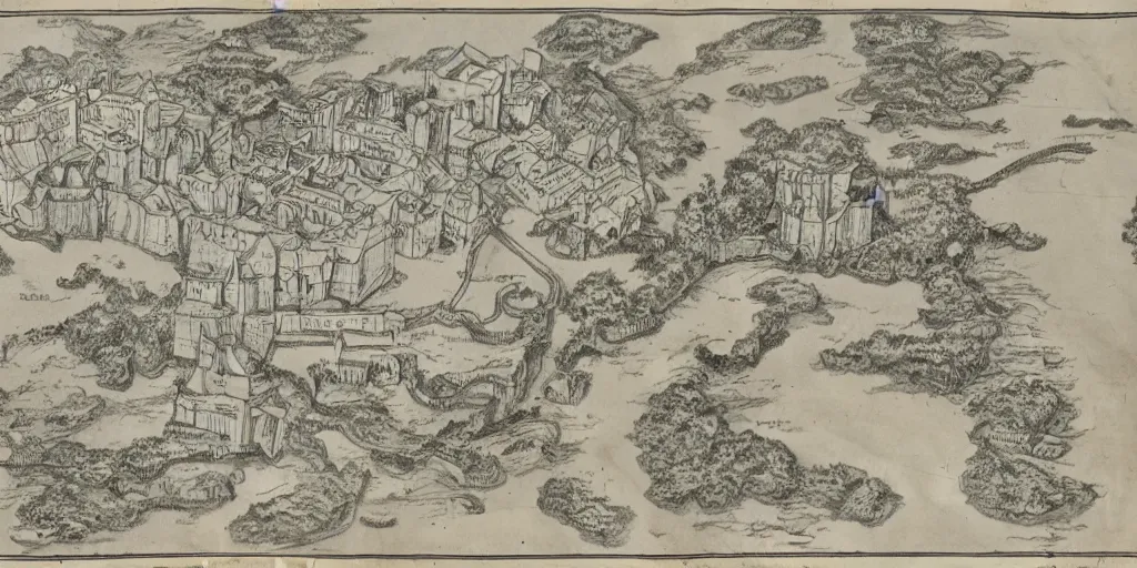 Prompt: Ink drawing on parchment of a detailed map of a fortress