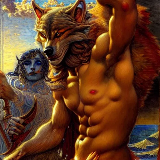 Image similar to artstation, intricate details, hyper details, by gaston bussiere and sandro botticelli, werewolf boyfriend, furry,