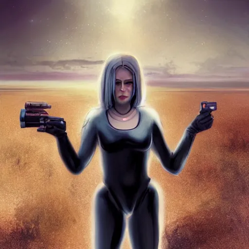 Image similar to pleiadian woman with big eyes and long silver hair wearing a dark body suit and holding a plasma gun standing in barren fields, sci fi portrait art by greg rutkowski