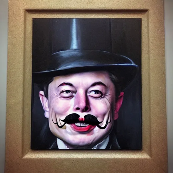 Image similar to elon musk as the grim-hatter with evil mustache grinning, cinematic, dark oil paint, realistic flavor, decaying rich colors!, instagram photo