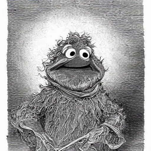 Image similar to full body grayscale drawing by Gustave Dore of Kermit the Frog, Sesame Street, swirling flames