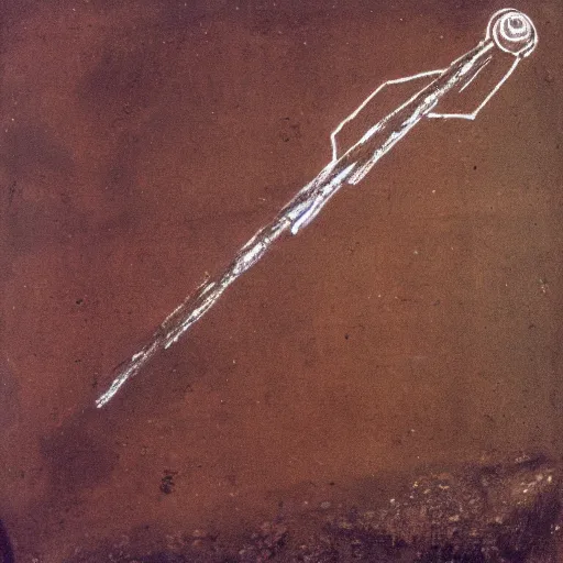 Image similar to cave drawing of space rocket launch, museum item, dated to 4 0, 0 0 0 years ago