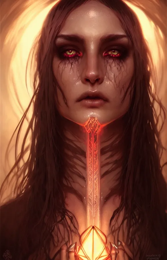 Image similar to Necromancer Sorceress face close-up macro in center, fantasy magic, undercut hairstyle, dark light night, intricate, elegant, sharp focus, illustration, highly detailed, digital painting, concept art, matte, art by WLOP and Artgerm and Greg Rutkowski and Alphonse Mucha, masterpiece