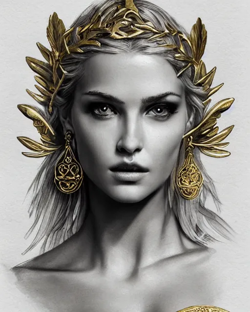 Image similar to tattoo sketch of hot blonde super model as aphrodite greek goddess wearing a gold laurel wreath and triangle earrings, beautiful piercing gaze with sharp pupils, in the style of greg rutkowski, fantasy, amazing detail, epic, elegant, smooth, sharp focus, front view