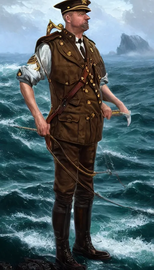 Image similar to proud commodore marine captain, stern look, late xix century commander vest, full body portrait xix immpresionist paint, wild ocean background, highly detailed, digital painting, artstation, concept art, sharp focus, illustration, art by Artgerm, Greg Rutkowski, Craig Mullins, WLOP, Ross tran, James Jean, Andrei Riabovitchev, magic the gathering, - W 640