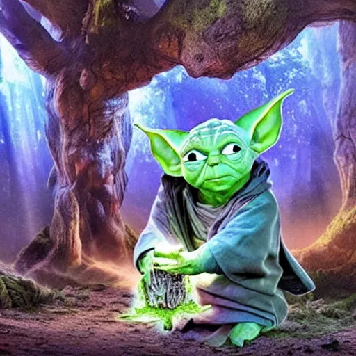 Image similar to stunning awe inspiring photo of various members of yoda's species interacting with eachother and performing strange rituals on their home planet, award winning nature photo 8 k hdr amazing lighting highly detailed, realistic