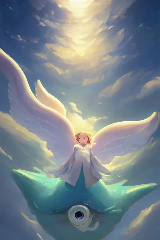 Image similar to a very cute sea slug angel, by rhads, makoto shinkai and lois van baarle, johannes voss, low angle fisheye view, sky whith plump white clouds, elegant, highly detailed, artstation, 8 k, unreal engine, hdr, concept art, volumetric lighting matte