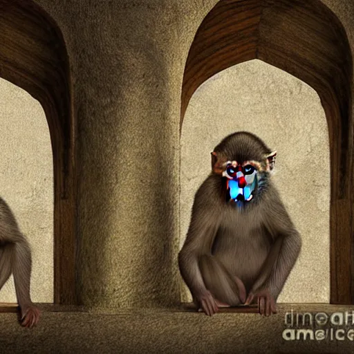 Prompt: two macaques looking at each other inside ancient medieval house, digital art, soft shadows, creepy art, drawn by shadman