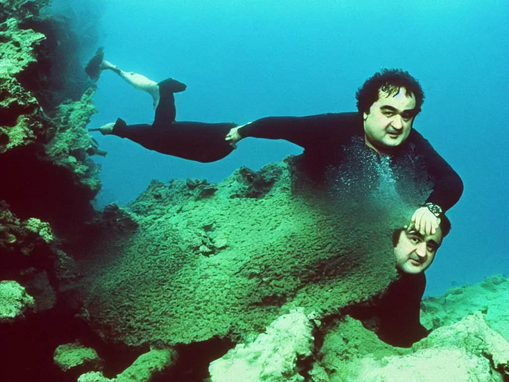 Image similar to john belushi swimming under the sea by a sunken ship 8K high definition colour photograph beautiful light