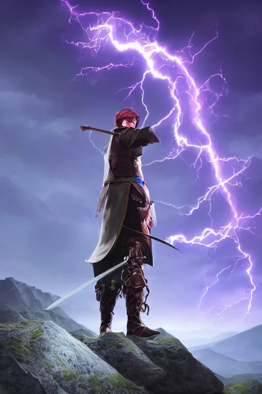 Image similar to hyper realistic wizard holding a sword that’s pointed towards the sky, getting shocked by purple lightning, standing on a mountaintop, octane, trending on artstation, hyper realistic, highly detailed, amazing depth of field, 8k