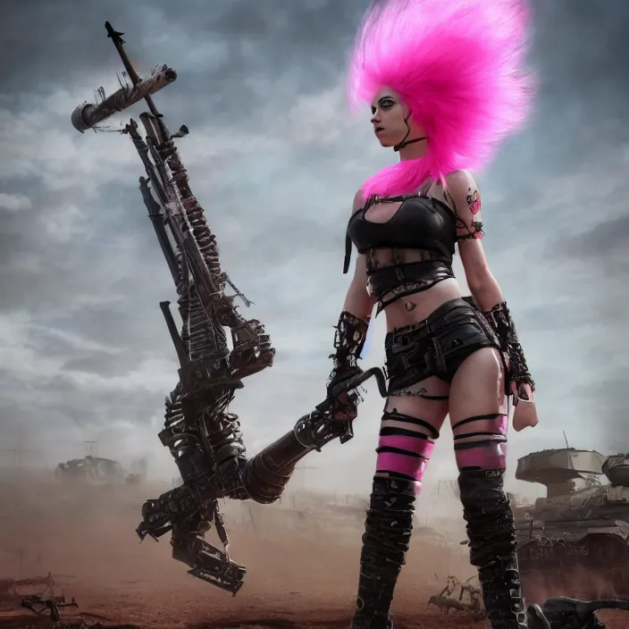 Prompt: realistic beautiful apocalyptic woman with pink Mohawk, standing on mad max panzer tank, 4k ultra hd, fantasy dark art, tank girl, artstation, octane render