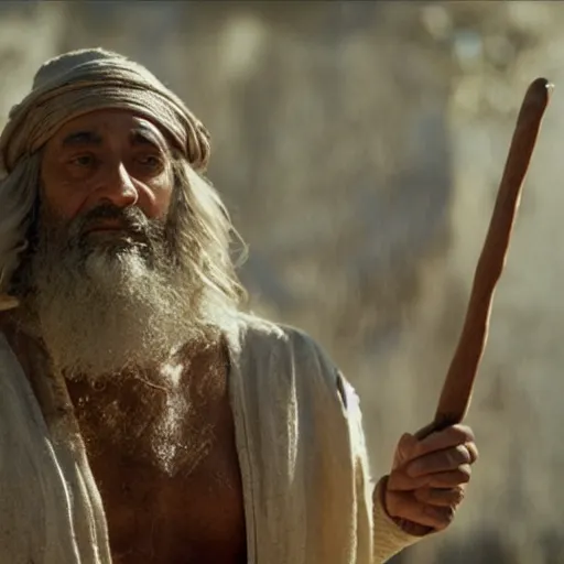 Prompt: Mediterranean man as Moses holding a wooden staff in a movie directed by Steven Spielberg, movie still frame, promotional image, imax 70 mm footage