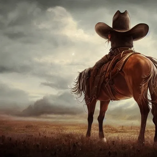 Image similar to a lonely cowboy, DeviantArt, art station, concept art, illustration, highly detailed, artwork, cinematic, hyper realistic