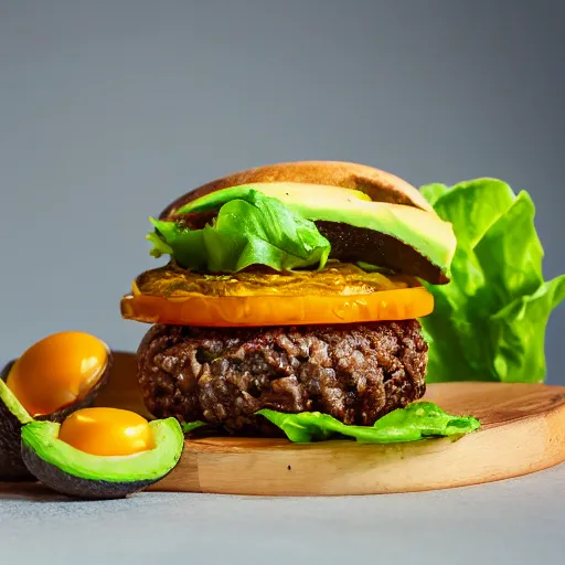 Image similar to juicy vegan hamburger topped with avocado onion and a vegan fried egg, crispy buns, 8 k resolution, professional food photography, studio lighting, sharp focus, hyper - detailed